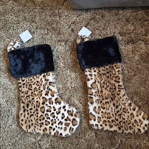 Hobby Lobby 2 Leopard Cheetah Print Black Trim Christmas Stocking 17x10”, NWT